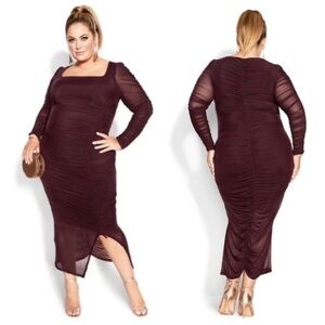 NWT City Chic Annalise Ruched Mesh Midi Dress in Oxblood Size XL/22